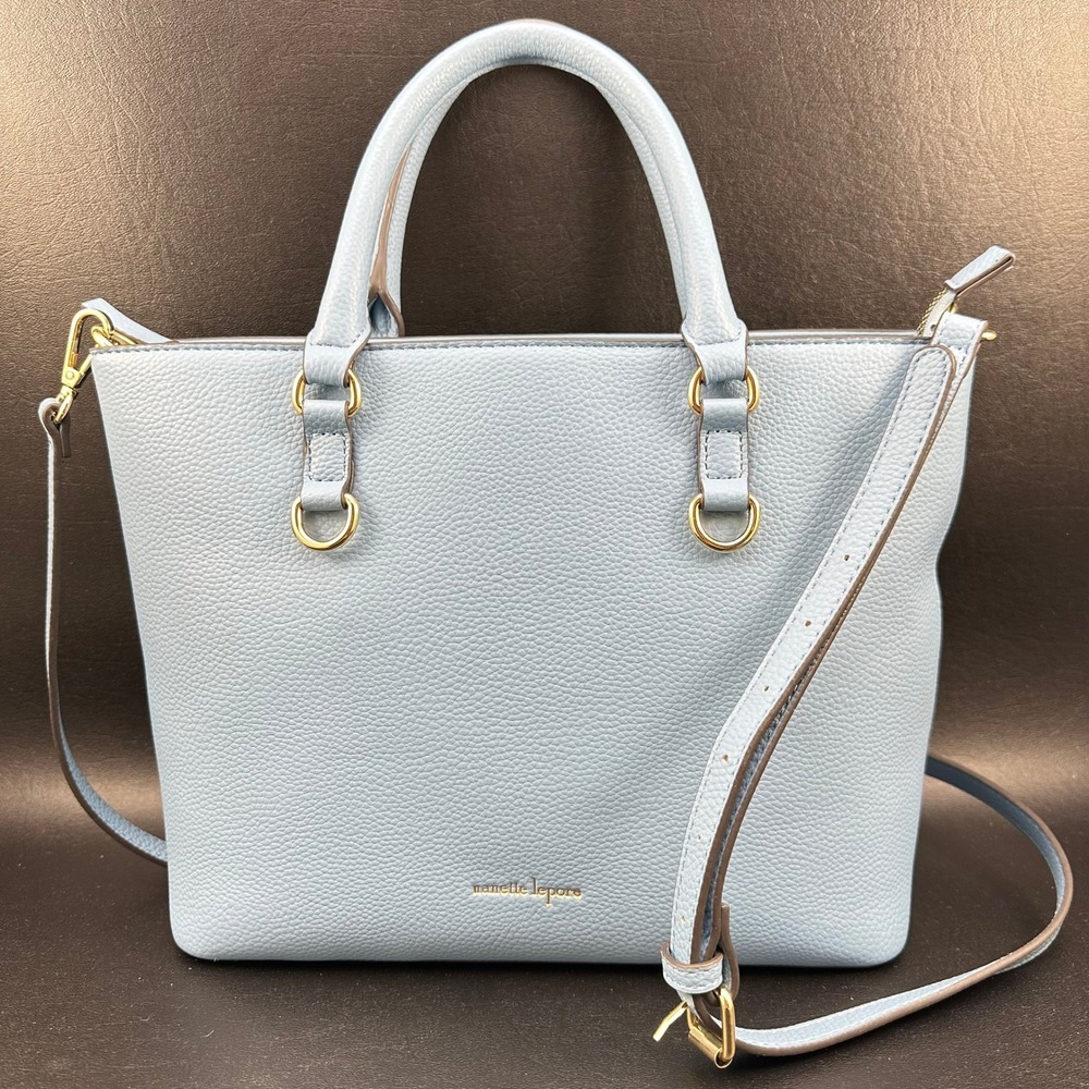 Nanette Lepore Satchel Crossbody Purse Light Blue Faux Leather Pebbled Logo